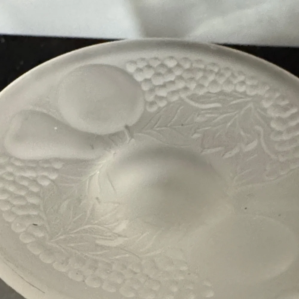 Elegant Frosted Glass Pedestal Cake Stand with press fruit patterns in glass